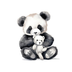 Panda's Teddy Bear Cuddle Watercolor Illustration..