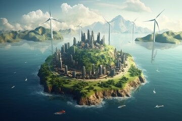 Environment of planet earth. Green healthy planet with many windmills and other renewable energy sources, Ecology concept, World environment and earth day concept - obrazy, fototapety, plakaty