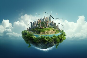 Environment of planet earth. Green healthy planet with many windmills and other renewable energy sources, Ecology concept, World environment and earth day concept - obrazy, fototapety, plakaty