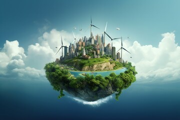 Obraz premium Environment of planet earth. Green healthy planet with many windmills and other renewable energy sources, Ecology concept, World environment and earth day concept
