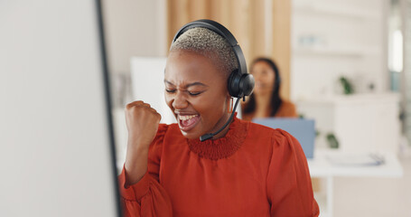 Winner, success and target with a black woman in a call center for customer service or support....