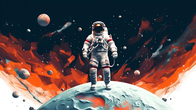 Collage art style concept that showcases space exploration. It features an astronaut in the vast expanse of space, with a stunning backdrop of various celestial bodies and planets.