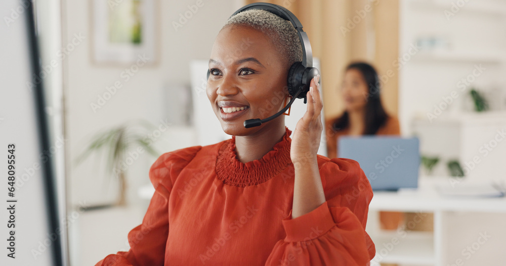 Poster Call center, black woman and communication at computer in office for CRM questions, FAQ contact and IT support. Happy telemarketing agent at desktop for sales advisory, telecom solution or consulting