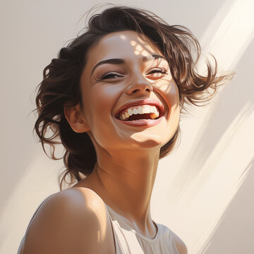 Happy laughing young beautiful woman in the sunshine, face close up. Perfect femele smile, high key style. AI generated.