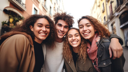 Selfie shot of a young group of happy and smiling friends while traveling and enjoying vacation in the city