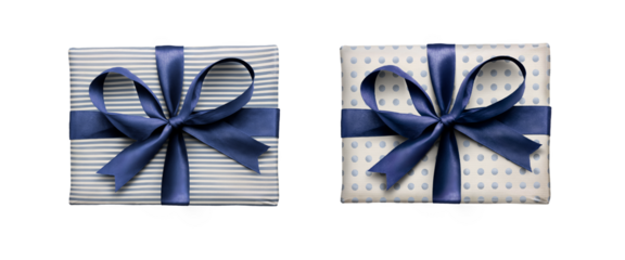 Top view of Christmas, birthday or valentine presents decorated in pale blue spots and stripes with a blue ribbon bow isolated against a transparent background.