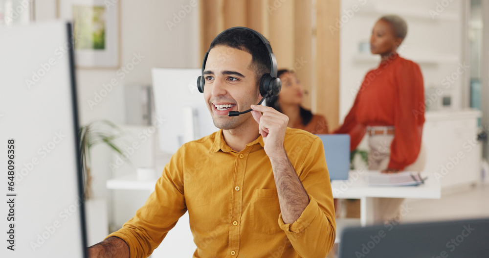 Poster Call center, man and communication at computer in office for CRM questions, FAQ contact and IT support. Happy telemarketing agent at desktop for sales advisory, telecom solution and consulting client
