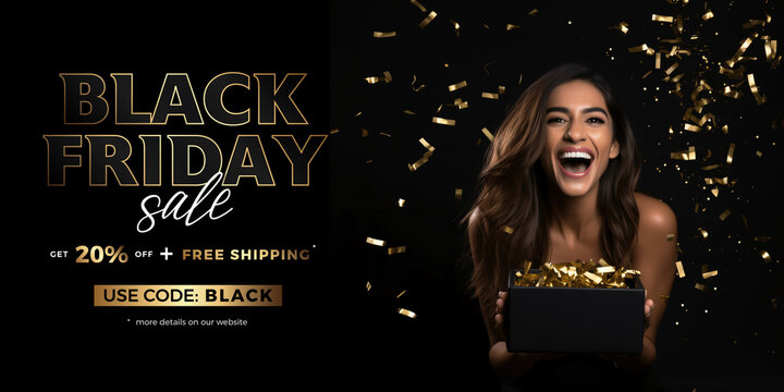 Black Friday banner with attractive woman surrounded by gold confetti. Promotion, Advertisement, sale. 3d illustration. 20% OFF	