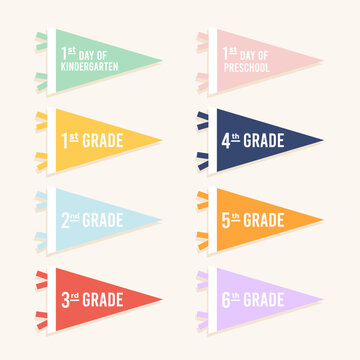 Back to school pennant flag set. First day of school. Colorful icons. Vector illustration, flat design