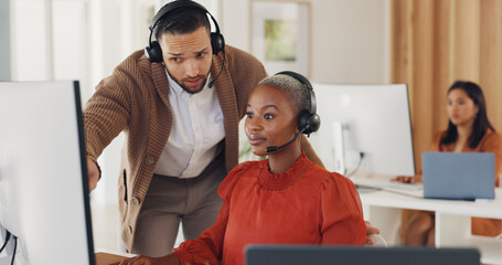 Call center, manager training black woman at computer and internship for customer service agent in...
