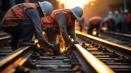 Poster Railway workers performing maintenance tasks on train tracks. © ArgitopIA