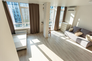 Fototapeta na wymiar Interior of modern luxury apartment, empty attic, kitchen open space.