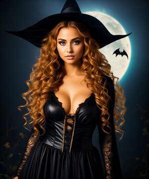halloween witch. a beautiful red-haired woman in a witch costume poses for a Halloween themed photo shoot