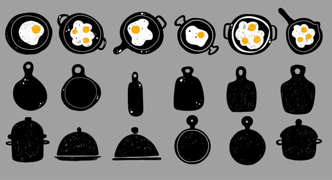 Cooked hand drawn doodle sketch egg yolk friend on frying pans set collection for recipes, flyer.