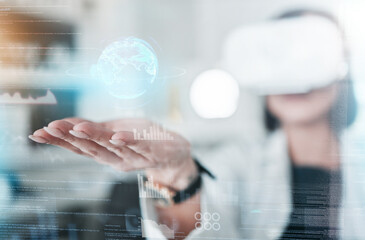 Virtual reality, overlay and hands of scientist in laboratory with globe, digital transformation and medical research on hologram. Woman, global network and futuristic vr with web innovation for work