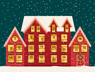 Advent calendar template. Christmas house with countdown windows. Merry Christmas poster. Vector illustration.