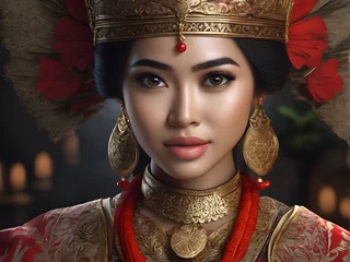 Fotobehang Portrait of an indonesian woman. indonesian beauty young woman in indonesian national costume. generative AI © EVISUAL