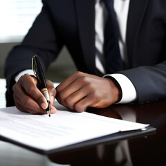 Businessman signing a document. Tinted photo, shallow depth of field.