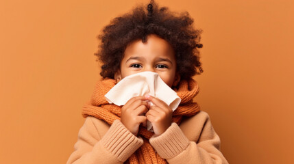 Young child dealing with a runny nose in a studio setting.