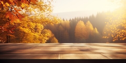 Naklejka na ściany i meble Autumn serenity. Empty wooden table in forest. Nature canvas. Rustic tabletop set amidst fall foliage. Woodland tranquility