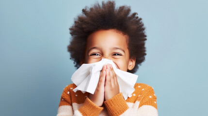 Cute kid blowing nose on white tissue.