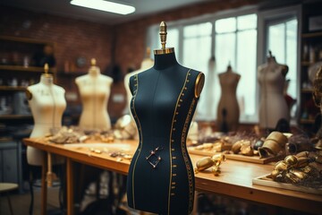A tailors dummy, fitted with measuring tapes, graces the bustling fashion studio - obrazy, fototapety, plakaty