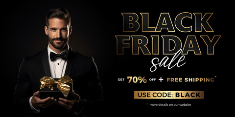Black Friday banner with handsome man holding a gift box. Promotion, Advertisement, sale. 70% OFF