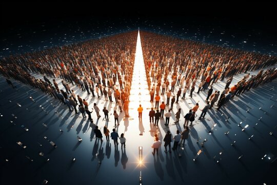 A vast assembly of individuals converges, crafting business and tech focused arrows