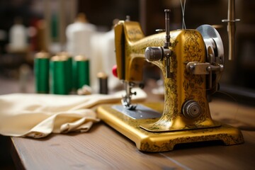 Sewing machines intricate working process, fabric and threads in focus - obrazy, fototapety, plakaty