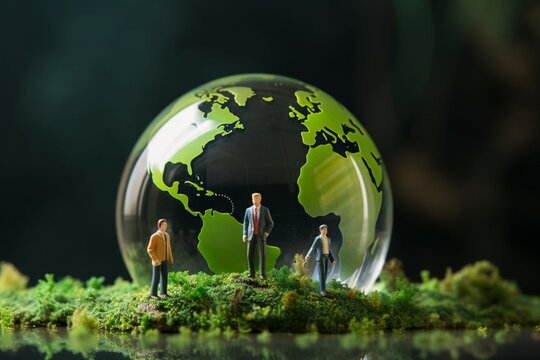 Miniature people on grassy terrain beneath an Earth crystal ball backdrop