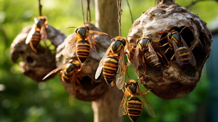 a hornet's nest suspended from a tree branch, with these formidable insects guarding their home with unwavering dedication