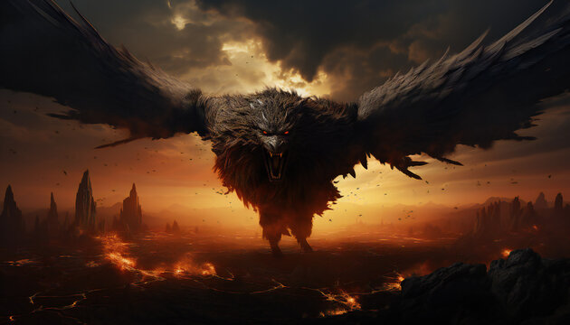 Recreation of a furious chimera or chimaera creature attacking, monstrous fire-breathing hybrid creature. Illustration AI