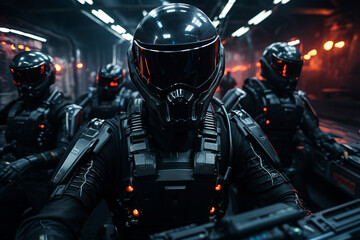 Close-up portrait of futuristic robot soldier looking at camera with black helmet and threatening look inside an android army