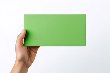 A human hand holding a blank sheet of green paper or card isolated on a white background
