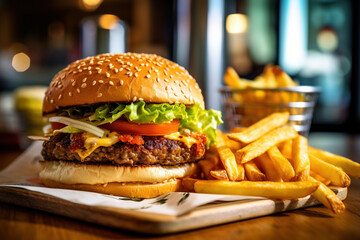 tasty burger with fries at a restaurant