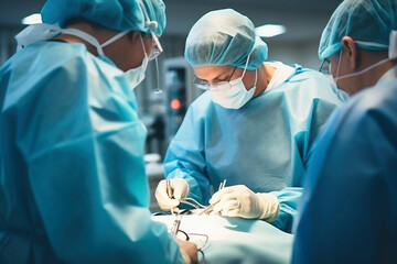 Photo of surgeons performing a complex surgery in a modern operating room. A group of surgeons performing surgery on a patient.