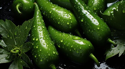 Vibrant fresh water drops on green delicious jalapenos. Hydration and healthy eating are of utmost importance.