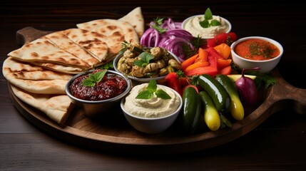 Fototapeta na wymiar a Mediterranean-style mezze platter, featuring an array of vegetable-based dips, olives, and flatbreads for sharing