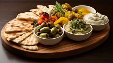 a Mediterranean-style mezze platter, featuring an array of vegetable-based dips, olives, and flatbreads for sharing