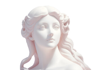 Statue of the head of beautiful woman in a pensive pose on a transparent background.