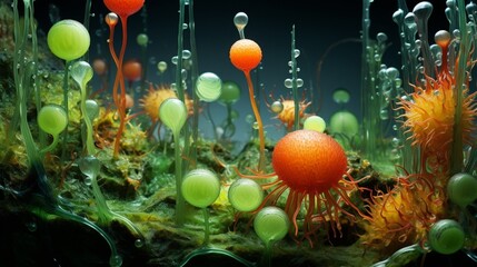 a microscopic forest of pond algae, with protists and algae forming intricate, colorful structures beneath the surface