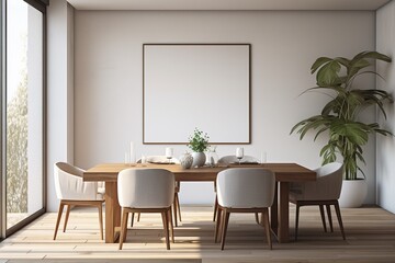 Modern Aesthetic Dining Room Interior Design with Blank Poster Created with Generative AI