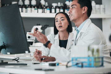 Scientist, teamwork and computer, healthcare analysis or laboratory report, research and training support. Science or medical people talking of vaccine solution, advice and desktop for online results - Powered by Adobe