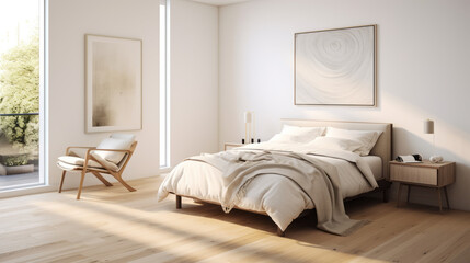 Minimalist Design: A bedroom with a king-sized bed with white linen, a single chair, a floor lamp with soft, light grey walls and dark hardwood floors, in the style of minimalism