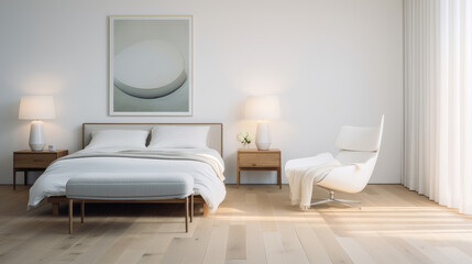 Fototapeta na wymiar Minimalist Design: A bedroom with a king-sized bed with white linen, a single chair, a floor lamp with soft, light grey walls and dark hardwood floors, in the style of minimalism