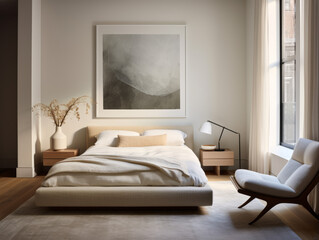 Minimalist Design: A bedroom with a king-sized bed with white linen, a single chair, a floor lamp with soft, light grey walls and dark hardwood floors, in the style of minimalism
