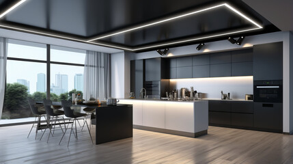 minimalist interior design, living room and modern kitchen