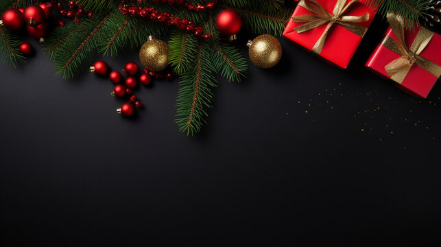Christmas decor with festive boxes and spruce branches on black background