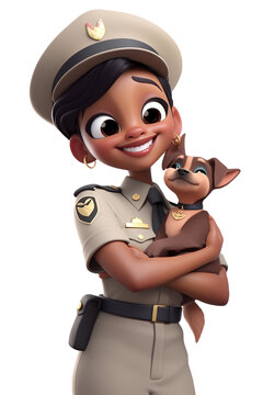 Cartoon smiling woman pet detective character isolated. Stray animal catcher holds lost dog. Ai generative. Transparent background png