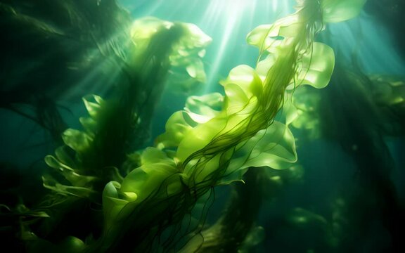 Green flowing algae float on the water through the rays of the sun. The underwater sea world and the marine ecosystem. Generative AI